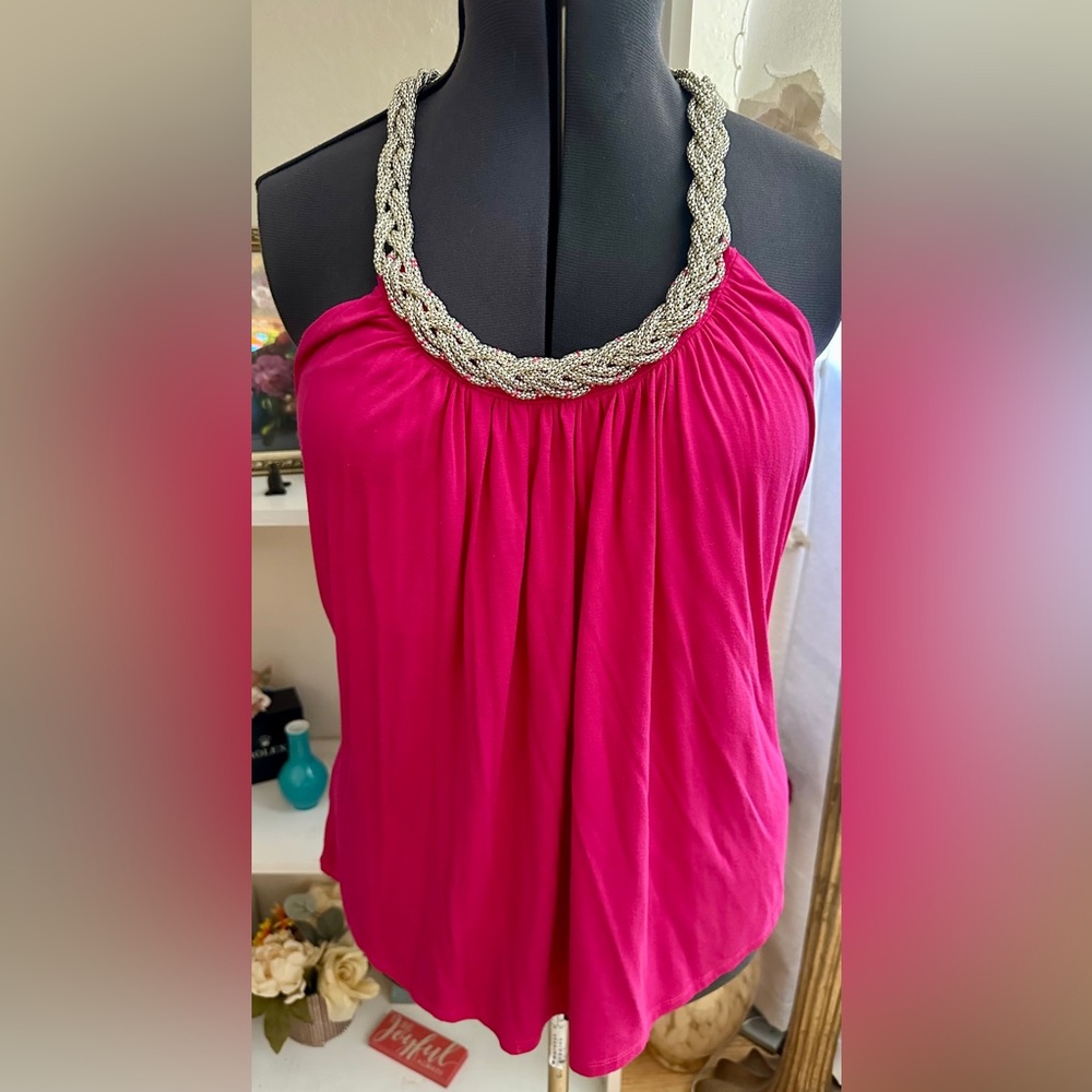 Hot Pink Halter Thick Silver Chains Around Neck Sz L Sexy Streetwear Disco